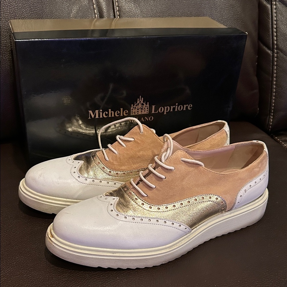 Women's Gold and White Brogues